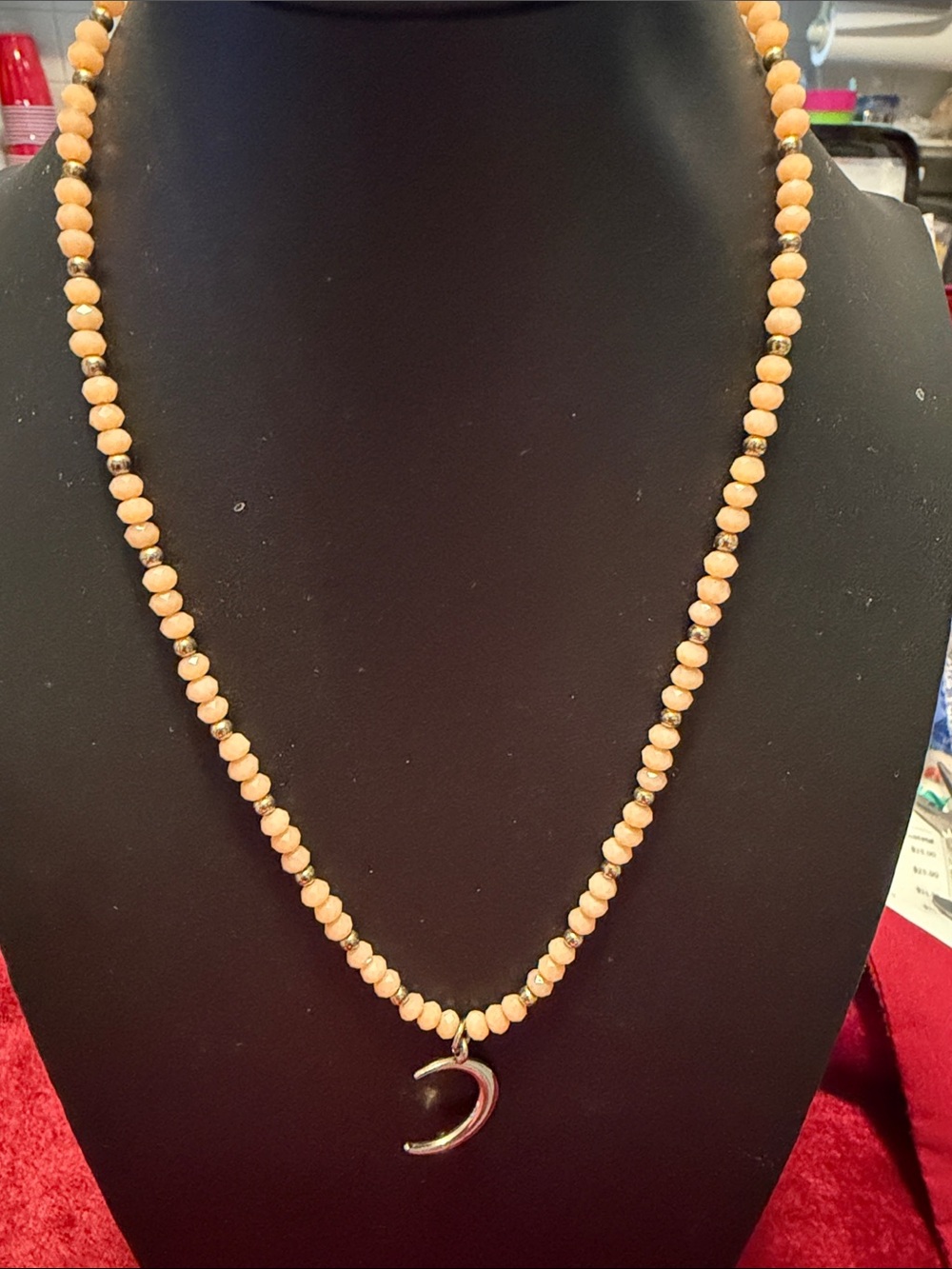 Beaded crystal Peach Crescent Pendant Necklace stretch - Unsigned 16”